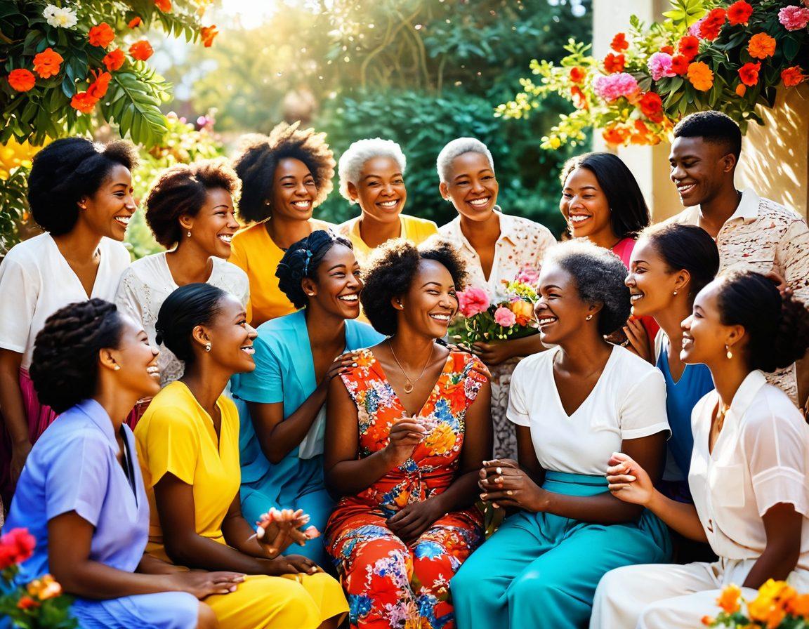 A warm and inviting scene depicting diverse people engaged in joyful conversations, surrounded by bright flowers and soft sunlight. There are smiles, laughter, and gestures of connection, creating an atmosphere of happiness and unity. Include cultural elements like colorful clothing and playful decorations to signify diversity. Capture an essence of community, togetherness, and joy. vibrant colors. super-realistic.