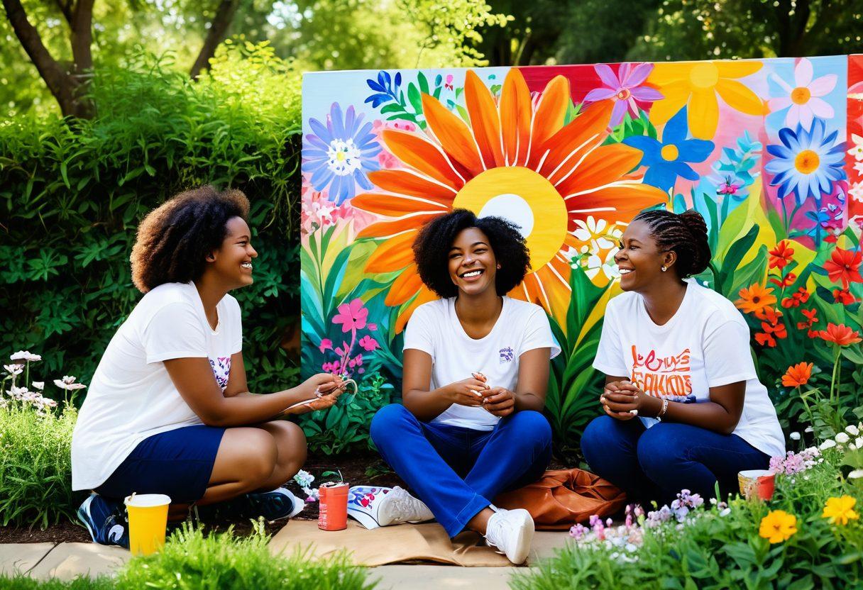 A warm, inviting scene of diverse individuals in a sunlit park, sharing laughter and uplifting stories, surrounded by blooming flowers and vibrant greenery. One person is painting a mural of kind words, while another is embracing a friend. Bright, joyful expressions on their faces convey a sense of community and support. Emphasize the colors of happiness with an overall bright and cheerful atmosphere. super-realistic. vibrant colors.